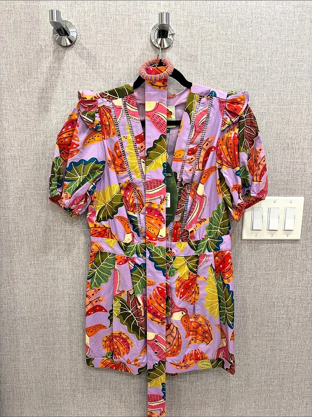 Farm Rio Lilac Beaks & Bananas V Neck Romper Organic Cotton Purple & Multicolor